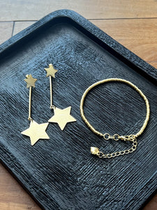 Pack Aros Baño Oro Dos Estrellas Lina + Pulsera Baño Oro Mostacilla Fina